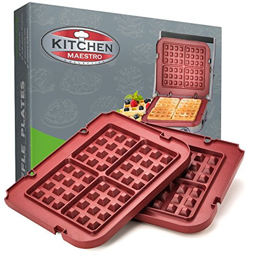 Kitchen Maestro Waffle Plate Attachments for Cuisinart Griddler  Nonstick, Dishwasher Safe, Lock-In Place, Red, made for GR-4N and GRID-8N Series