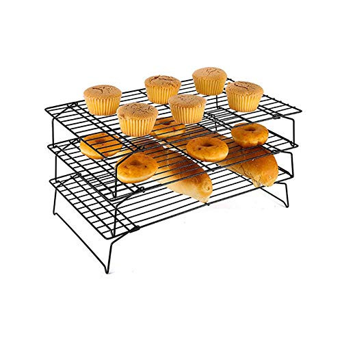 3-Tier Cooling Rack Set, Wire Cooling Racks Grid Rack, 3 Pack Baking Cooling Rack with Dough Scraper Non-Stick Stackable Collapsible Rectangle Wire Rack for Oven Baking,Carbon Steel Black 16 x 10 in