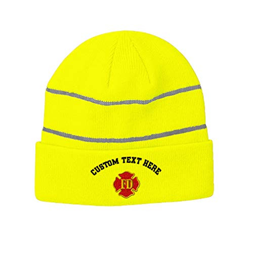 Custom Reflective Beanie Fd Fire Department Embroidery Acrylic High Visibility Running Gear Skull Cap for Men  and  Women Neon Yellow Personalized Text Here