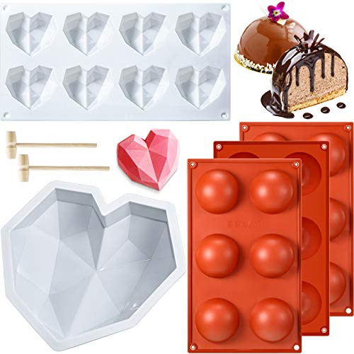 3 Pieces Round Shape Half Silicone Candy Mold, 8.7 Inch Diamond Heart Mousse Silicone Cake Mold Tray, 8 Cavities Heart Diamond Shaped Cake Mold Tray and 2 Pieces Wooden Hammer for Baking Chocolate 3 Pieces Round Shape Half Silicone Candy Mold, 8.7 Inch Diamond Heart Mousse Silicone Cake Mold Tray, 8 Cavities Heart Diamond Shaped Cake Mold Tray and 2 Pieces Wooden Hammer for Baking Chocolate