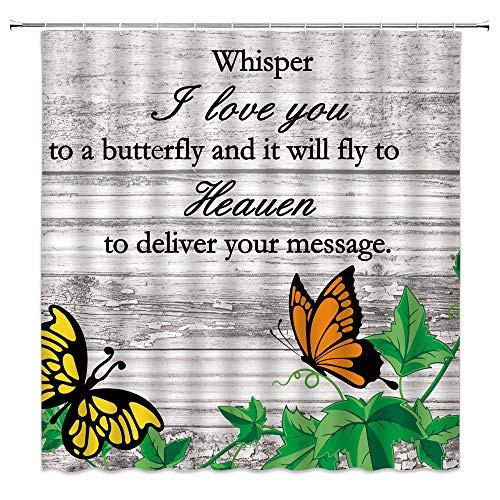 Butterfly Love Quote Shower Curtain Inspirational Words on Vintage Rustic Old Wooden Board Farm Fabric Bathroom Decor Curtain with 12 Hooks?70x70 Inch?Green Black Gray