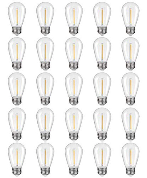S14 LED Replacement Light Bulbs 1W Equivalent to 10W, Warm White 2200K, Outdoor String Lights Vintage LED Filament Bulb, E26 Base Edison LED Light Bulbs, Clear Plastic 25 Pack S14 LED Replacement Light Bulbs 1W Equivalent to 10W, Warm White 2200K, Outdoor String Lights Vintage LED Filament Bulb, E26 Base Edison LED Light Bulbs, Clear Plastic 25 Pack