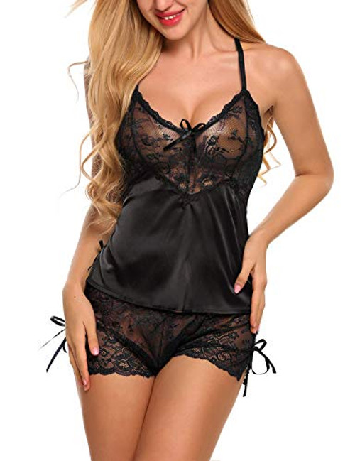Avidlove Sexy Pajama Set for Women Satin Cami and Shorts Set Two Piece Lace Lingerie Sleepwear Black L Avidlove Sexy Pajama Set for Women Satin Cami and Shorts Set Two Piece Lace Lingerie Sleepwear Black L