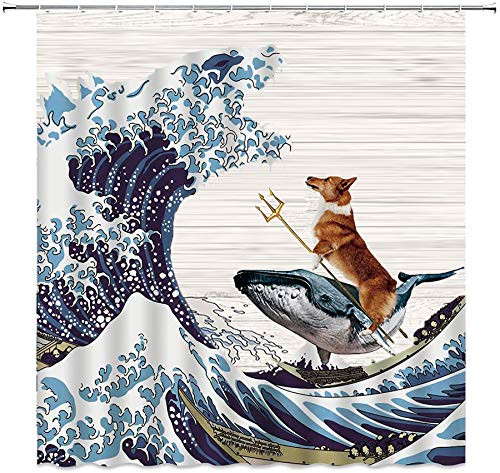MSK BS Funny Dog Shower Curtain Set Corgi Rides a Whale Fight The Monster Godzilla Huge Wave Shower Curtain Wooden Board Background Bathroom Decor with Hooks 72 x 72 inches-Blue