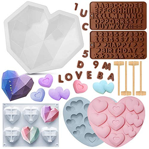 Diamond Heart Love Cake Mold Breakable Heart Shape Silicone Mold With 9 Holes and 6 Holes Heart Chocolate Mold, Letter Number Chocolate Molds for Baking, Chocolate Bomb, Mousse, Jelly