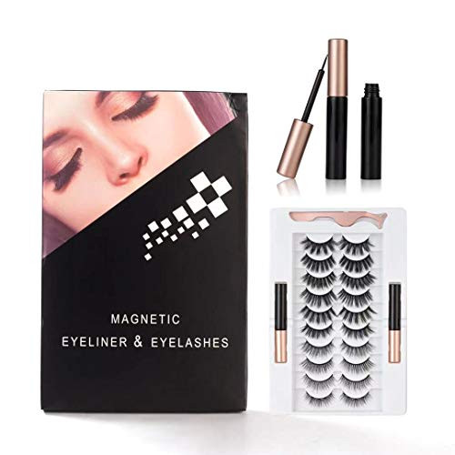 RIMGO Updated 3D 6D Magnetic Eyelashes with Eyeliner Kit - 2 Tubes of Magnetic Eyeliner, 10 Pairs Magnetic Eyelashes with Applicator for Natural Look, Reusable False lashes - No Glue Need