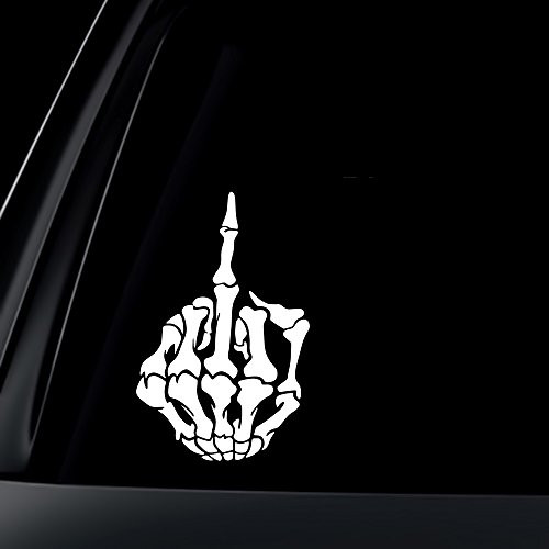 World Design Skull Skeleton Bone Middle Finger Flipping Off Car Decal/Sticker- White