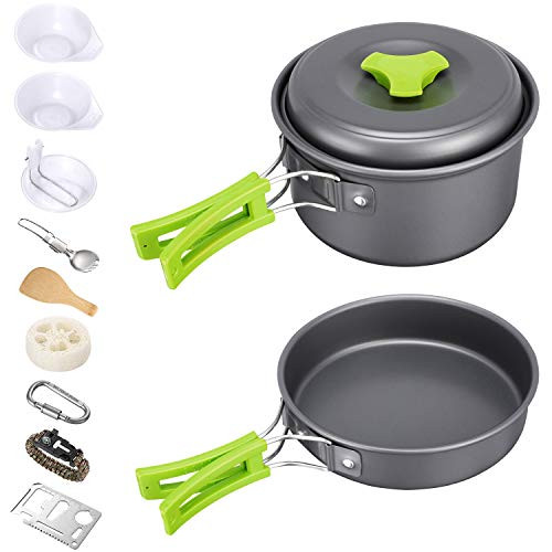 G4Free 12PCS Camping Cookware Mess Kit Hiking Backpacking Picnic Cooking Bowl Non Stick Pot Pan Knife Spoon Set, Sruvival Bracelet, 11 in 1 Tool Card