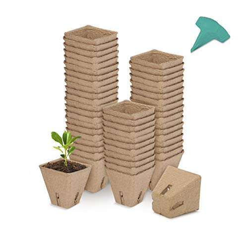 GROWNEER 120 Packs 2.3 Inches Square Peat Pots Plant Starters for Seedling with 15 Pcs Plant Labels, Biodegradable Herb Seed Starter Pots Kits, Garden Germination Nursery Pot