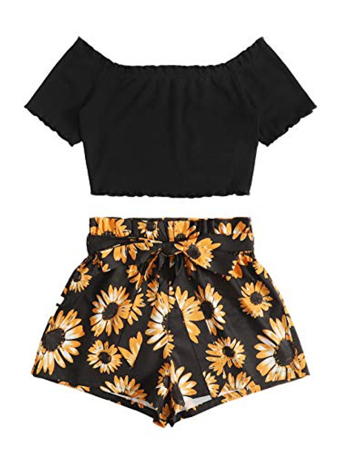 MakeMeChic Women's Off Shoulder Crop Top and Paperbag Belted Shorts 2 Piece Romper Set Sunflower S