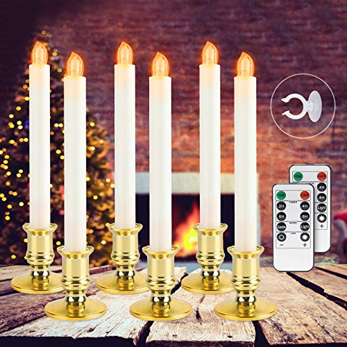 Christmas Window Candles Lights - 6 Pack Battery Operated Flameless Taper Candles,Window Candles with 2 Remote Control and Timer,Led Electric Candle Light with Removable Golden Holder,Christmas Decor