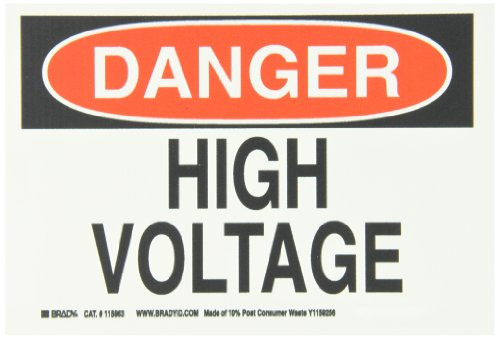 Brady 115963 10" Width x 7" Height B-586 Paper, Red And Black On White Color Sustainable Safety Sign, Legend "Danger High Voltage"