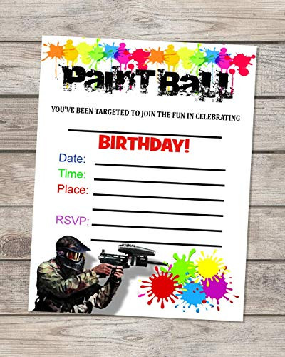 Paint Ball Birthday Party Invitations, Fill In Blank Flat Cards, Set Of 20, PaintBall Birthday Party Invitations With Envelopes, Paintball Invites, 4.25" x 5.5"