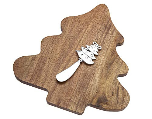 Godinger Holiday Christmas Tree Cheese Cutting Board Platter with Spreaders