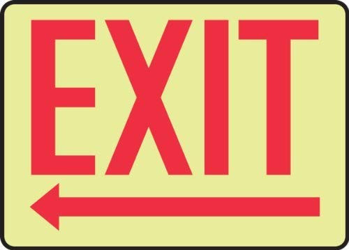 Safety Exit (Arrow Left), Safety Sign, Funny Warning Stickers,Self Adhesive Vinyl,Safety Sign Label Decal, 10 Height X 14 Width, Red On Glow