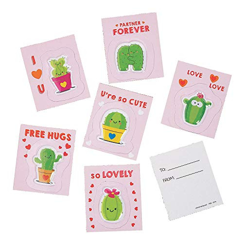 Fun Express Valentine Cactus Card W/ Sticker - Stationery - 36 Pieces