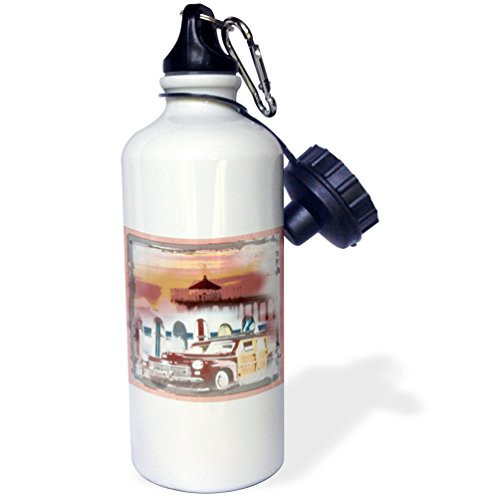 3dRose "Manhattan Beach California Woody and Surfboard Art" Sports Water Bottle, 21 oz, White