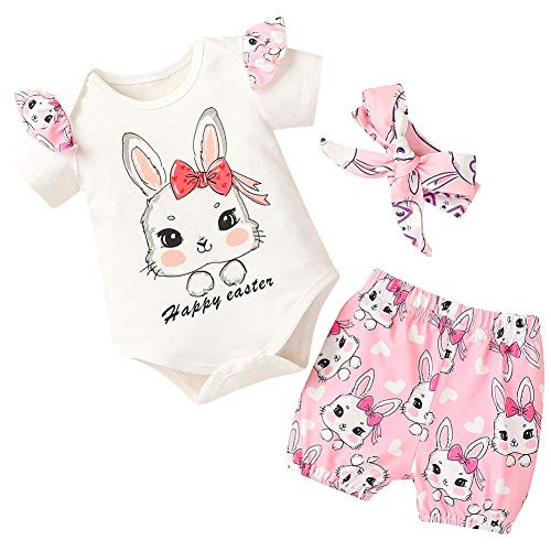 3Pcs Newborn Baby Girls Easter Outfits Bunny Short Sleeve Romper Easter Eggs Short Pants Headband Set (Happy Easter  and  Bunny,6-9 Months)