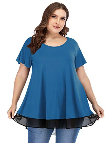 LARACE Women Tunic Tops for Leggings Chiffon T-Shirt Plus Size Short Sleeves Flowy Shirt(Steel Blue 3X)