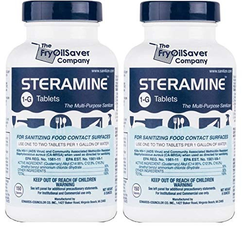 2 x Steramine Bottles of Sanitizing Tablets For Sanitizing Food Contact Surfaces - Kills E-Coli, HIV, Listeria, 1-G, 150 Sanitizer Tablets per Bottle, Blue, Pack of 2 Bottles