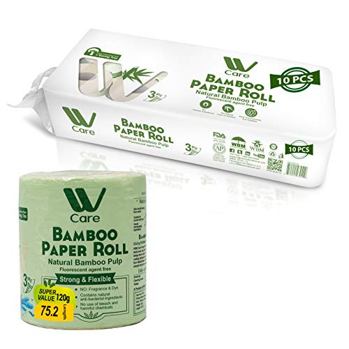 WBM Care W8103-B-P10 Natural Bamboo Toilet Paper Hypoallergenic for Sensitive Skin Plastic, Tree  and  Lint Free Eco-Friendly - 3 Ply Bath Tissue, 200 Sheets/Each-10, 10 Rolls, Count