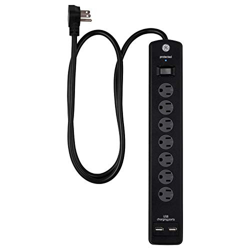 GE 7 Strip Surge Protector with 2 Port USB Charger, 4 ft Power Cord, Twist to Close Safety Outlets, 1300 Joules, 2.1A/10W, UL Listed, Black, 40482