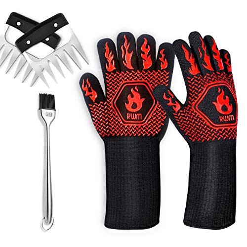 Rwm Basting Brush BBQ Gloves Meat Claws Set, Baking Pastry Oil Silicone Brush Heat Resistant Gloves Stainless Steel Metal Shredder Claws Barbecue Grill Accessories Set