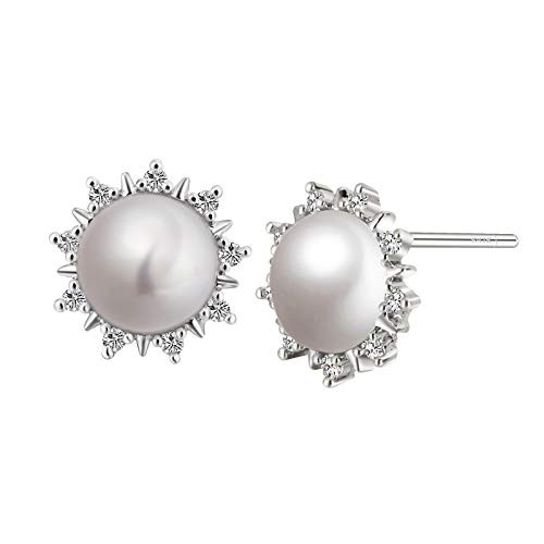 Hamibus Pearl Earrings For Women, 925 Sterling Silver Pearl Earrings, Round Stud Shell Pearl Earrings ?Pearl Stud Earrings For Women Girls(Silver)