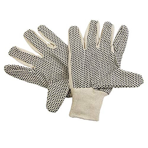 -12 Pairs, Large- Cotton Canvas Knit Protection Work Gloves with Black PVC Dots for Hand Grip, Painter Mechanic Gardening Glove for Men Women, Beige 24 Count Bulk