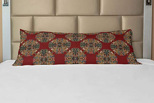 Lunarable Maroon Body Pillow Case Cover with Zipper, Oriental Traditional Paisley Pattern Mandala Inspired Round Boho Folk Hues, Decorative Accent Long Pillowcase, 21" x 54", Pastel Maroon