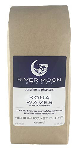 River Moon Coffee, Kona Ground Coffee, Medium Roast, 16 ounces, Kona Waves Blend, Sustainably Farmed, Hawaiian Blend Coffee, 100 percent Arabica