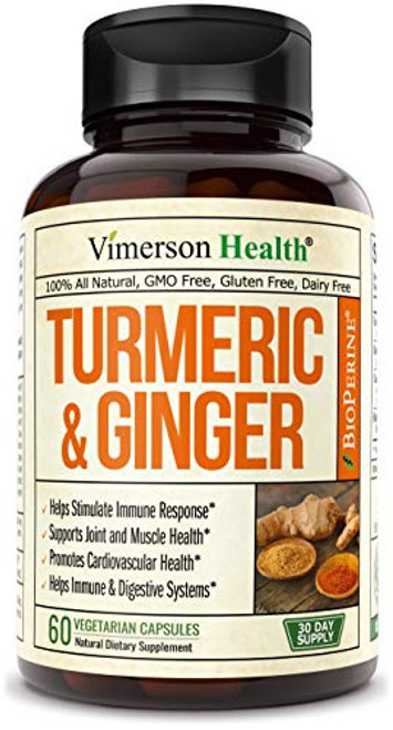 Turmeric Curcumin with Ginger, 95 percent Curcuminoids with BioPerine. Tumeric Supplements, Occasional Joint Pain Relief, Inflammatory Response, Plant-Based Antioxidant. Vimerson Health 60 Capsules