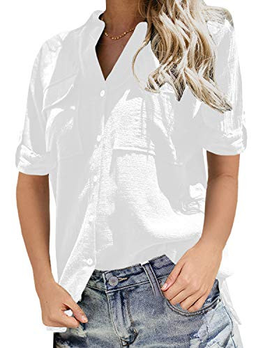 Niitawm Womens V Neck Blouse Shirts Button Down Short Sleeve Casual Loose Collared Tops with Pockets (White, X-Large)
