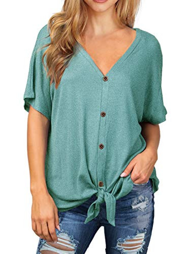 IWOLLENCE Womens Waffle Knit Tunic Blouse Tie Knot Short Sleeve Henley Tops Loose Fitting Bat Wing Shirts Blue-Green XX-Large