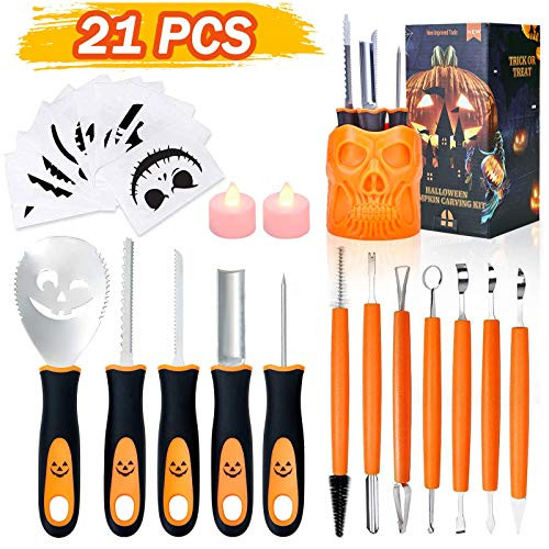 Halloween Pumpkin Carving Kit, TROPICALTREE 21Pcs Pumpkin Carving Tools Accessories, Professional Carving Knife Set Stainless Steel with Stencils and Storage Bucket for Halloween Decoration (21PCS) Halloween Pumpkin Carving Kit, TROPICALTREE 21Pcs Pumpkin Carving Tools Accessories, Professional Carving Knife Set Stainless Steel with Stencils and Storage Bucket for Halloween Decoration (21PCS)