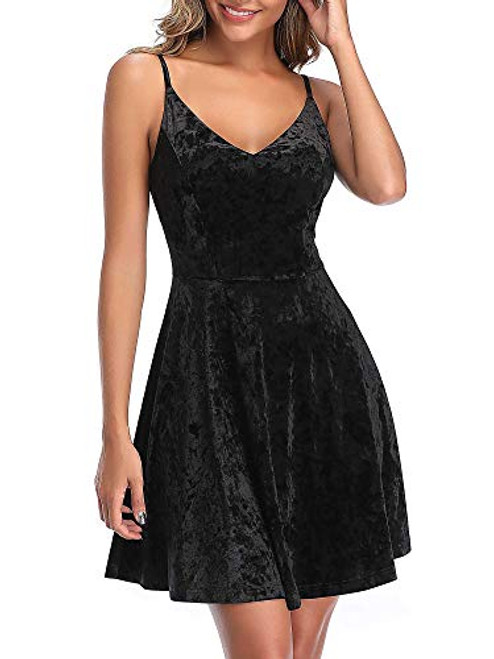 GUBERRY Womens Cami Velvet Dress Strappy V Neck Black Skater Mini Party Dress GUBERRY Womens Cami Velvet Dress Strappy V Neck Black Skater Mini Party Dress