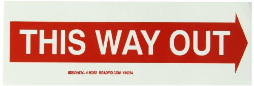 Brady 80262 3.5" Height, 10" Width, B-324 Polyester, Red On White Color Glow-In-The-Dark Exit And Directional Sign, Legend "This Way Out (With Picto)"