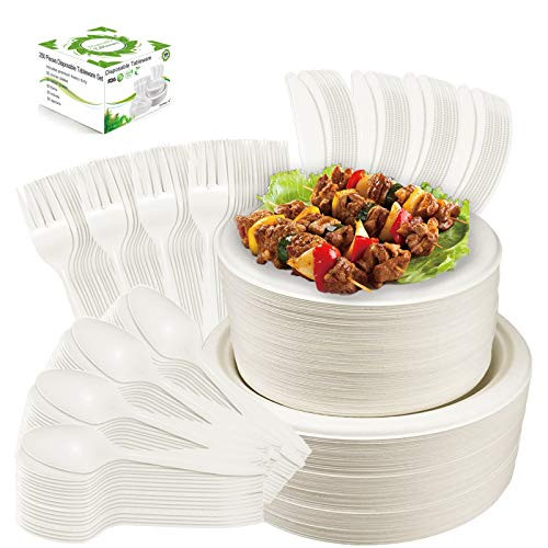 Farieyln-X 250 Pcs Disposable Dinnerware Set Compostable Sugarcane Cutlery Tableware Paper Plates and Dinner Plates, Knives, Spoons and Forks Combo for Birthday Party BBQ Picnic (50 Guests)