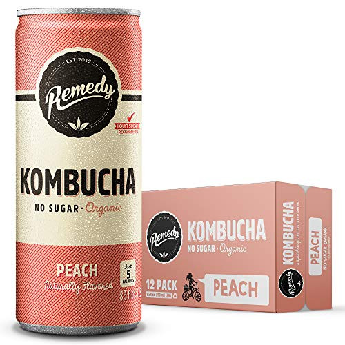 Remedy Raw Organic Kombucha Tea - Sparkling Live Cultured Drink - Sugar Free Peach - 8.5 Fl Oz Can, 12-Pack