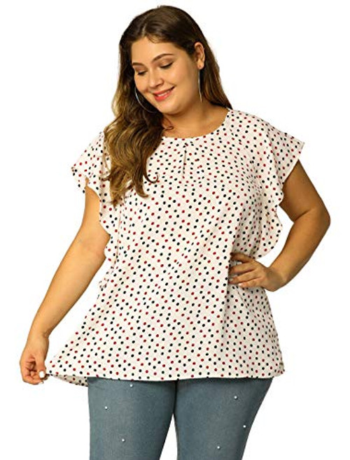 Agnes Orinda Women's Plus Size Ruffle Sleeve Polka Dots Floral Chiffon Blouse Work Tops White 1X