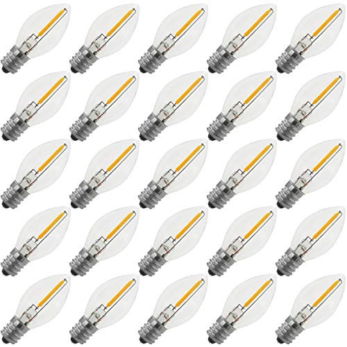 Emitting Shatterproof  and  Waterproof C7 Replacement LED Light Bulbs  0.6W Equivalent to 7W, White Warm 2700K Outdoor String Lights , E12 Base Edison LED Night Light Bulbs (C7-25PACK)