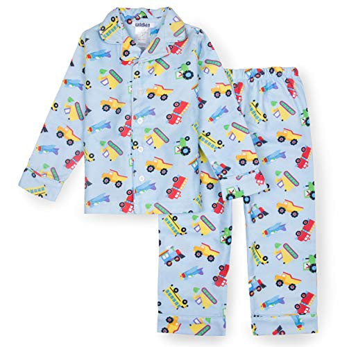 Wildkin Kids 2-Piece Button Down Pajama Set for Boys and Girls, 100 percent Polyester Flannel Fabric Pajama Set for Kids, Features Classic Button Closure Design, BPA-free, Size 3T (Trains, Planes,  and  Trucks)