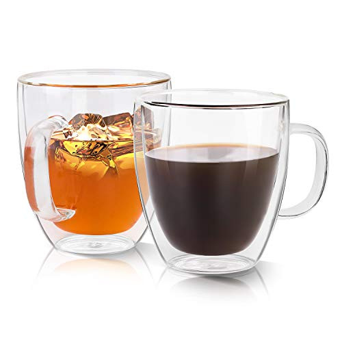Growom Glass Coffee Mug, Double Walled Espresso Cup, Double Wall Insulated Coffee Cup with Handle, Clear Borosilicate Glass Mug for Latte, Cappuccino, Tea, Beverages, Christmas  and  Halloween gift