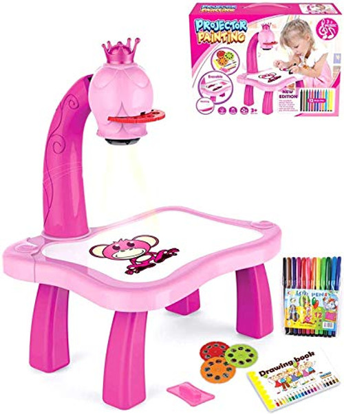 Children Learning Toys for Child Learning Painting, Kids Enlightenment Early Education Drawing Board Table, Intelligent Projection Painting Machine, Color Drawing Board, Graffiti Whiteboard (Pink)