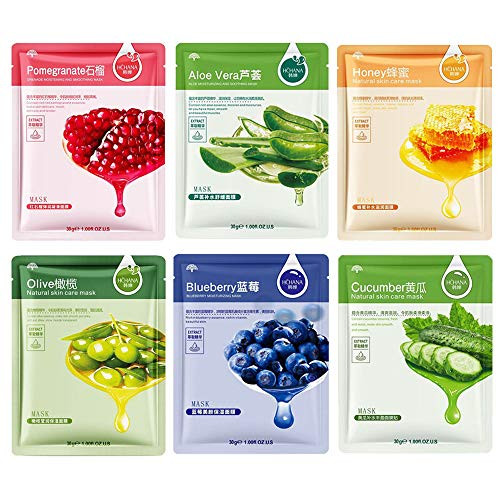 NIYET Collagen Essence Face Facial Mask, 6 Pack Hydrating Full Face Sheet Mask with Aloe, Cucumber, Honey, Pomegranate, Blueberry and Olive