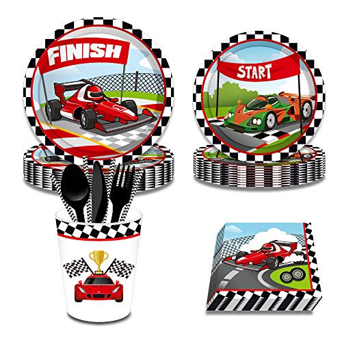 Racecar Racing party Paper Disposable Tableware, checkered Flag Race Birthday Party Supplies Set Plates Napkins Cups Tableware Kit for boy birtyday party