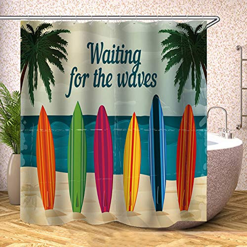 Fabric Shower Curtain,Summer Cool Holiday Surf Tropical Beach Colorful Surfboards Polyester Designer Cloth, Print Decorative Bathroom Curtains Include Hooks Set(72?w by 72?L)