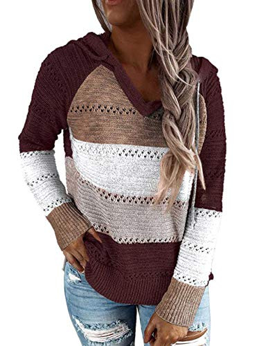 N / D Women's Hooded Sweater, Casual Rib Knitted Long Sleeve Loose Fitting Pullover with Drawstring Hood (Wine Red, L)
