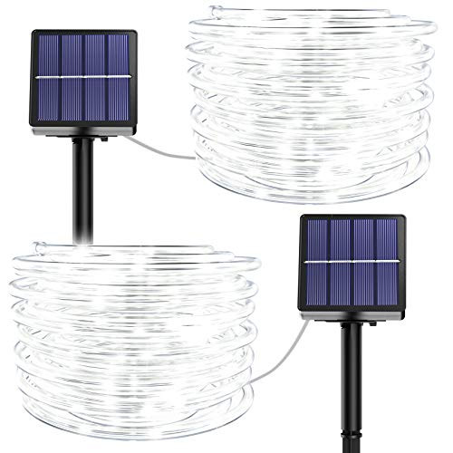 Solar Rope Lights Outdoor Waterproof - 2 Pack 100 LED 39.37FT 8 Modes Solar Rope String Lights Waterproof Tube Tree Light Copper Wire Fairy Lights for Christmas Garden Fence Yard Decor (Cool White)