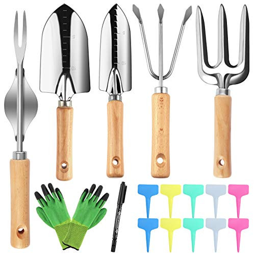 Minterest 17pcs Garden Tools, Gardening Gifts for Women Gardening Tools with Garden Gloves Wooden Handle Stainless Steel Rake Fork Weeder Labels Garden Tool Set Gardening Supplies Hand Tools